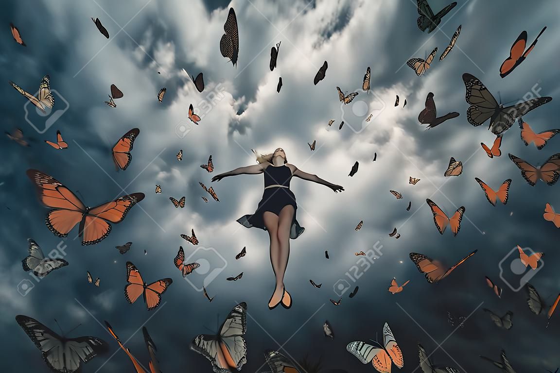 A woman floating in the air surrounded by butterflies. AI generative image. Surreal dreamlike picture.