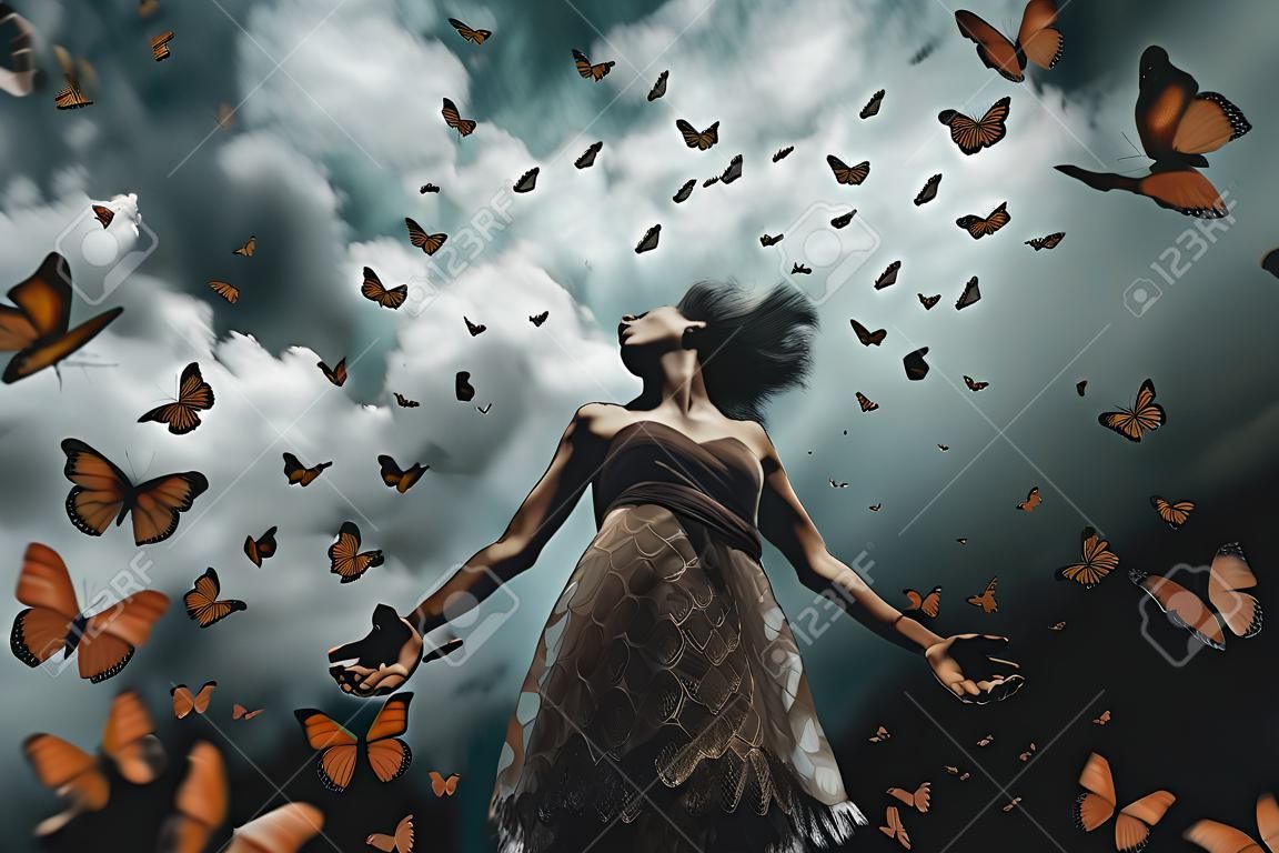 A woman in a dress is surrounded by butterflies. AI generative image. Surreal dreamlike picture.