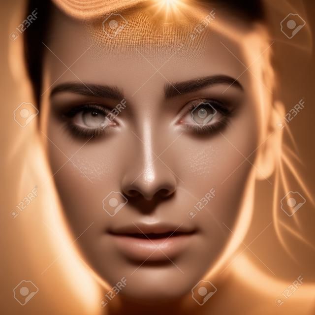 Um close do rosto de uma mulher com luz passando por seus olhos em uma imagem generativa