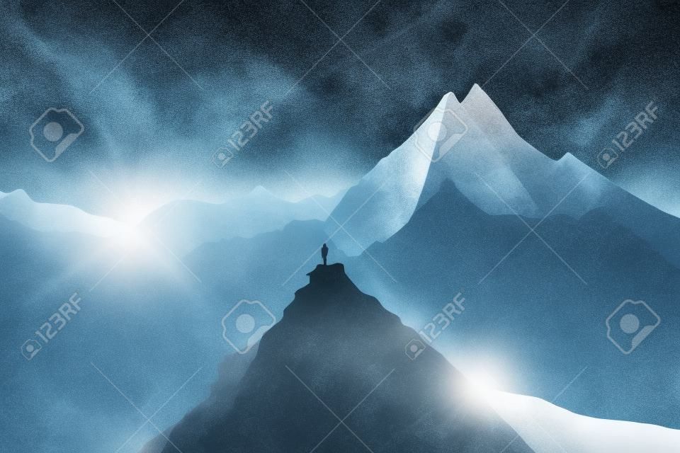 Una persona de pie en la cima de una montaña. ai imagen generativa.
