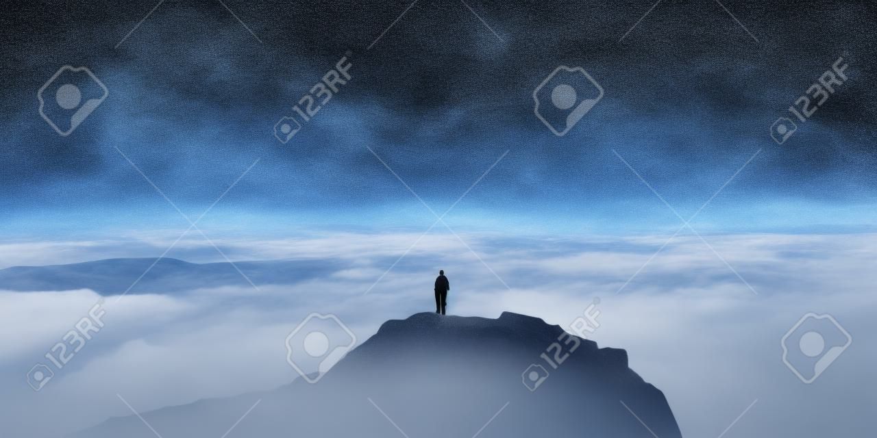 Een persoon die bovenop een berg staat. generatief ai-beeld.