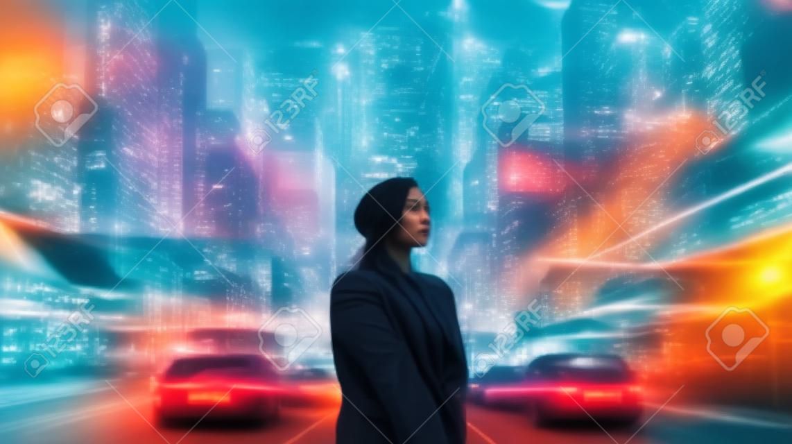 A woman standing in the middle of a city street. Generative AI image.