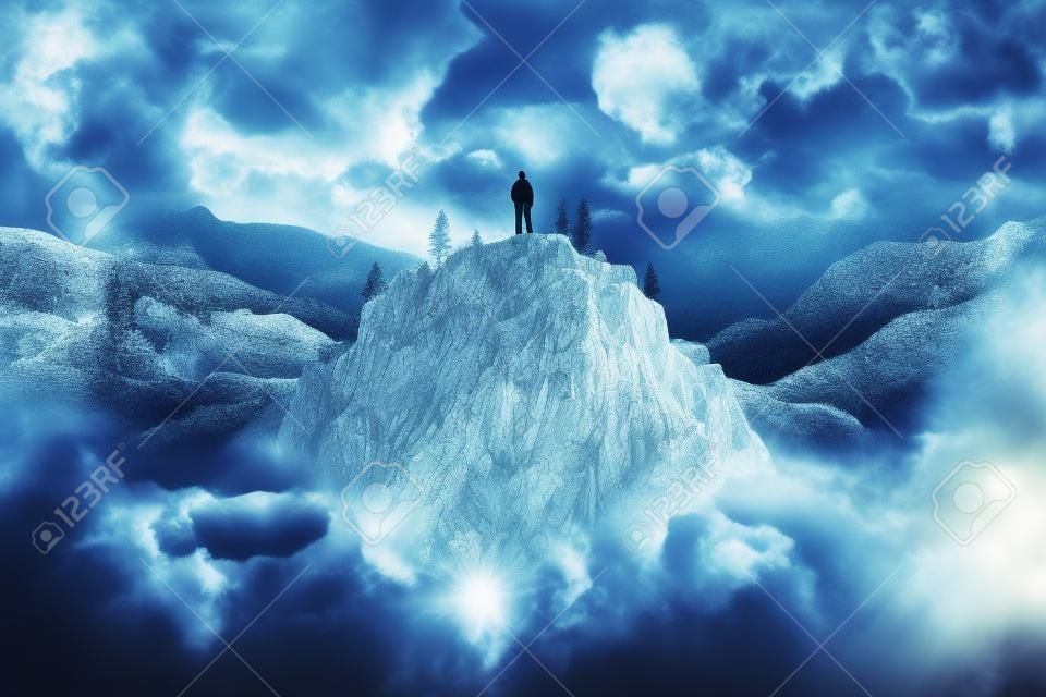 Una persona in piedi sulla cima di una montagna. immagine ai generativa.