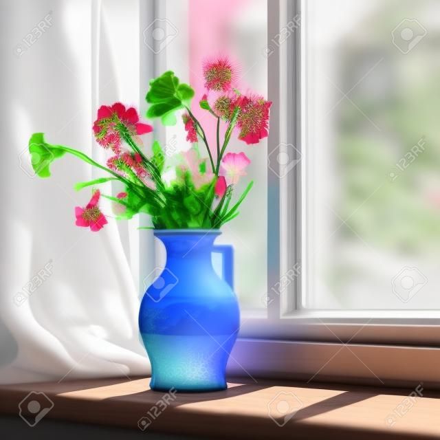 A vase of flowers sitting on a window sill. Generative AI image.