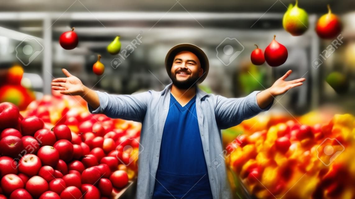 Um homem parado em frente a uma pilha de frutas gera imagem de IA
