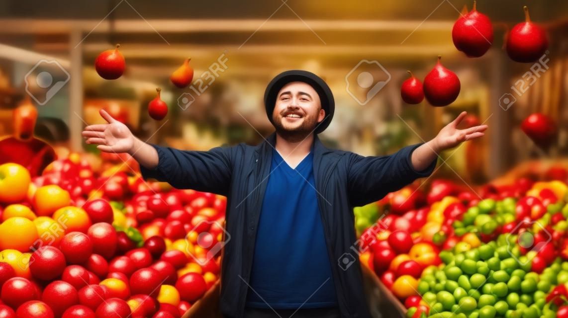 Um homem parado em frente a uma pilha de frutas gera imagem de IA