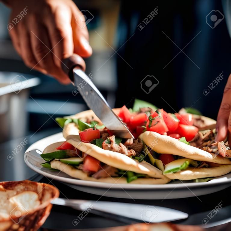A person cutting up a pita with a knife. Generative AI image.