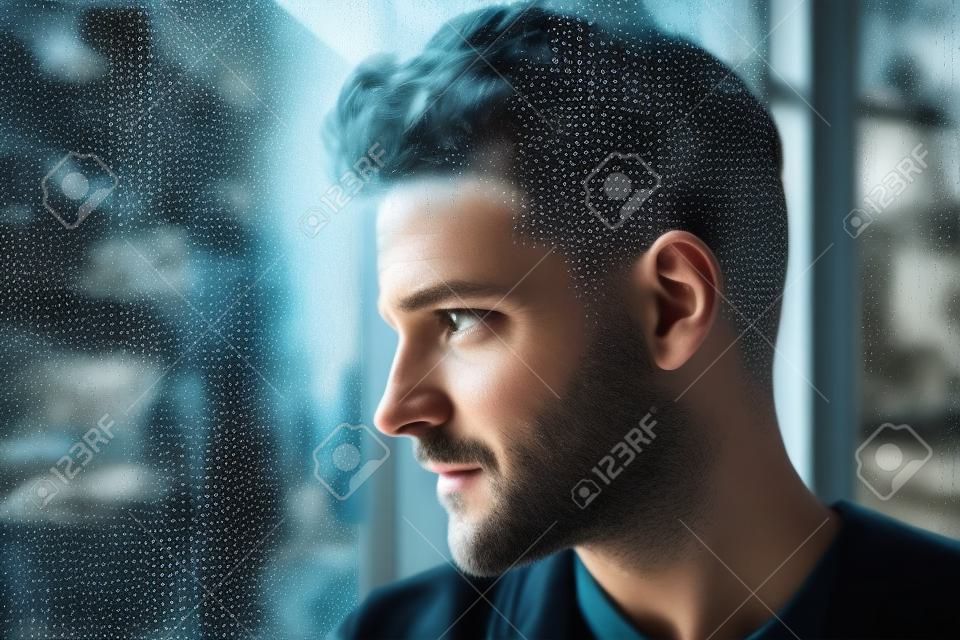 A man looking out of a window with rain on the glass. Generative AI image.