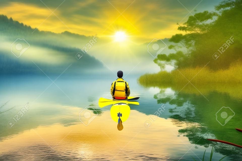 Een man in een gele jas peddelt in een kano op een meer. generatief ai-beeld.