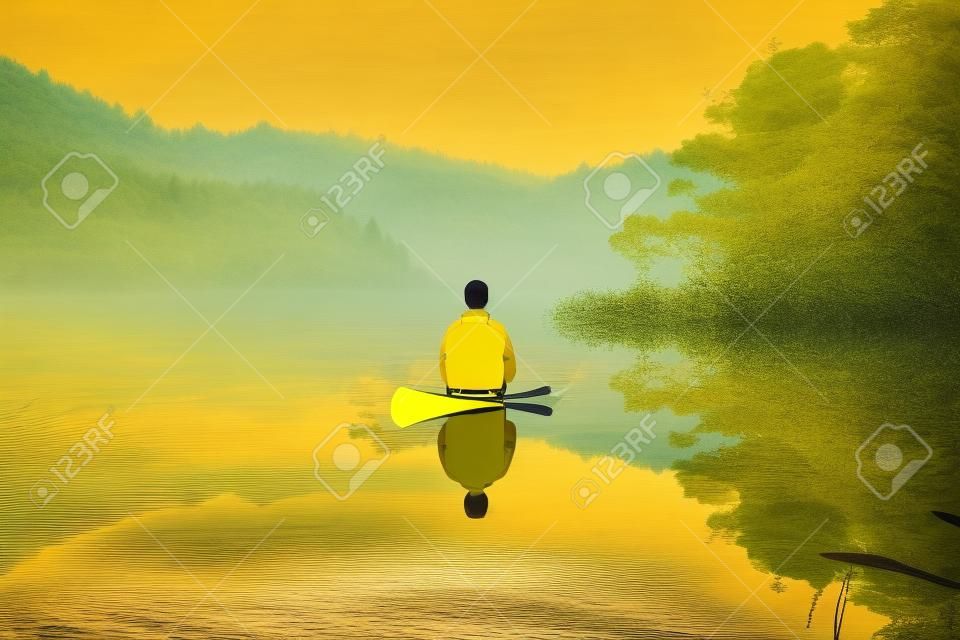Een man in een gele jas peddelt in een kano op een meer. generatief ai-beeld.