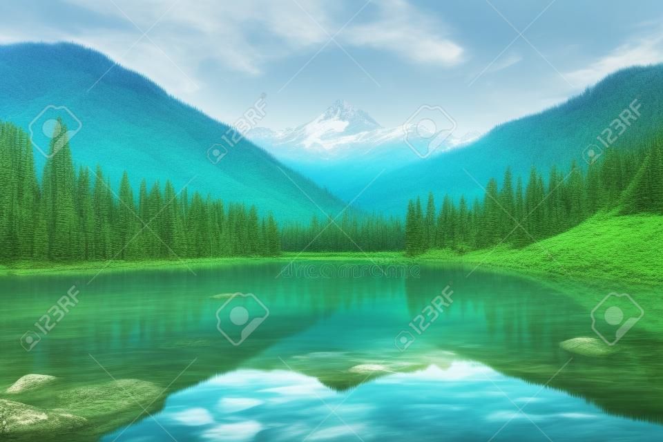 Um lago cercado por árvores com uma montanha ao fundo. imagem de IA generativa.