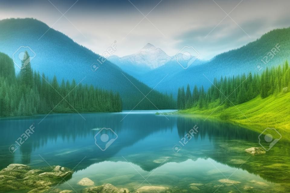 Um lago cercado por árvores com uma montanha ao fundo. imagem de IA generativa.