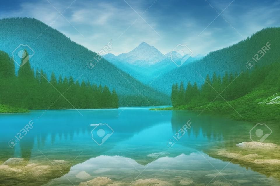 Jezioro otoczone drzewami z górą w tle. generatywny obraz ai.