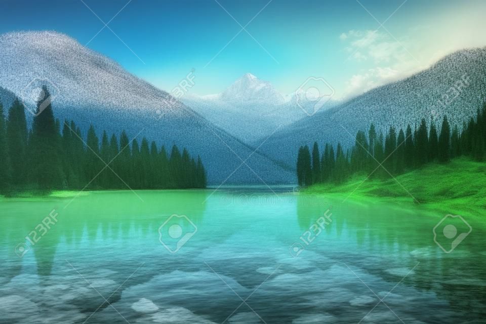 A lake surrounded by trees with a mountain in the background. Generative AI image.