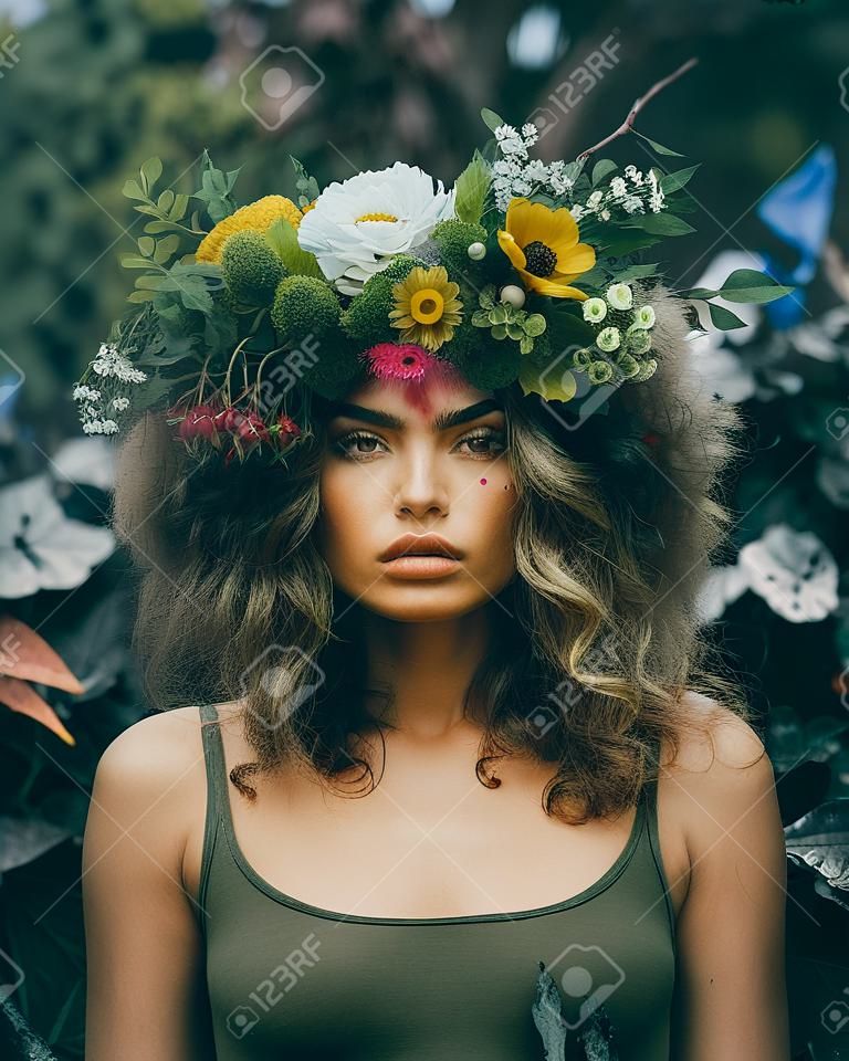 Een vrouw met een bloemenkroon op haar hoofd generatief ai-beeld
