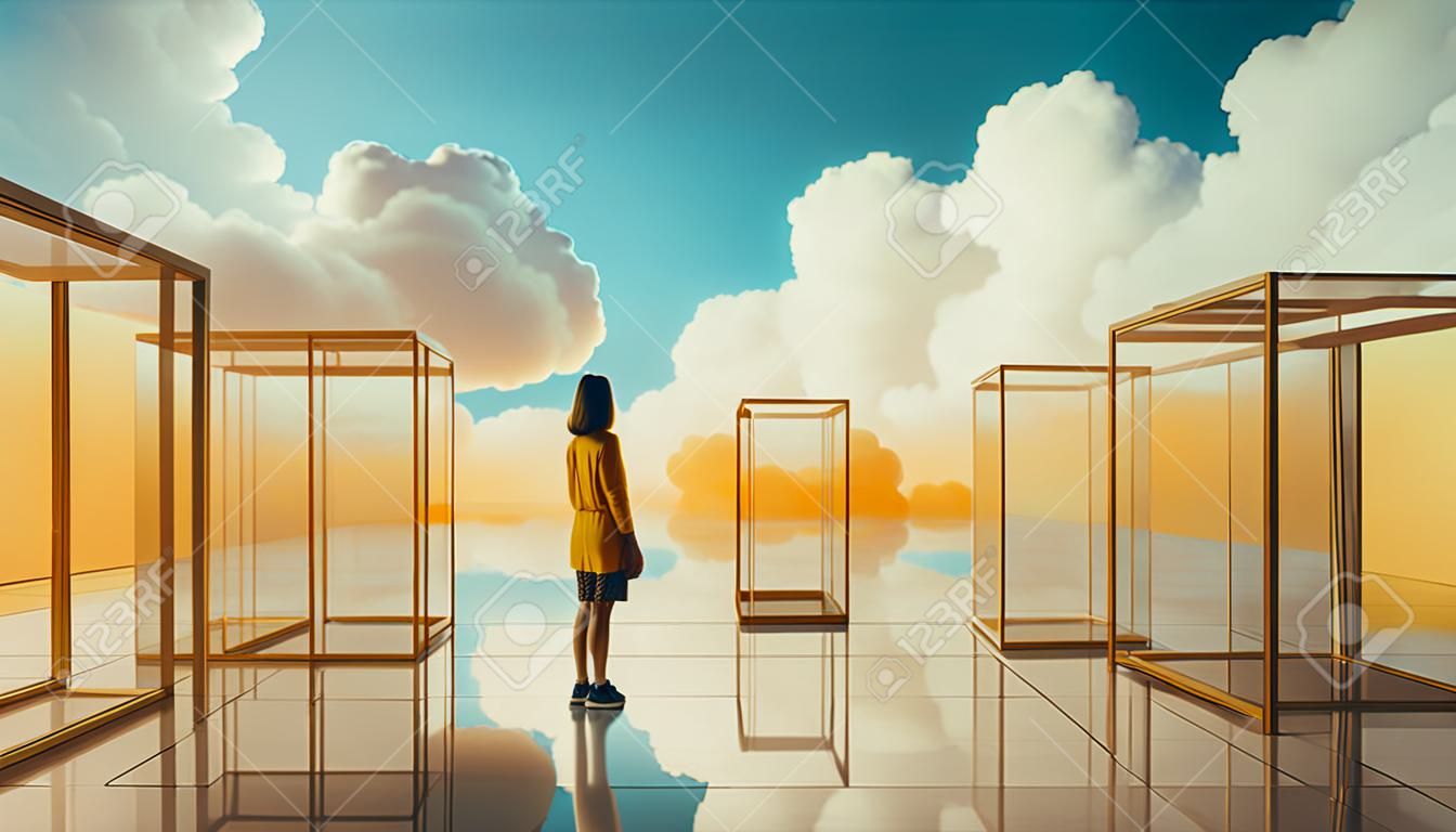 A person standing in a room with a sky background. Generative AI image.