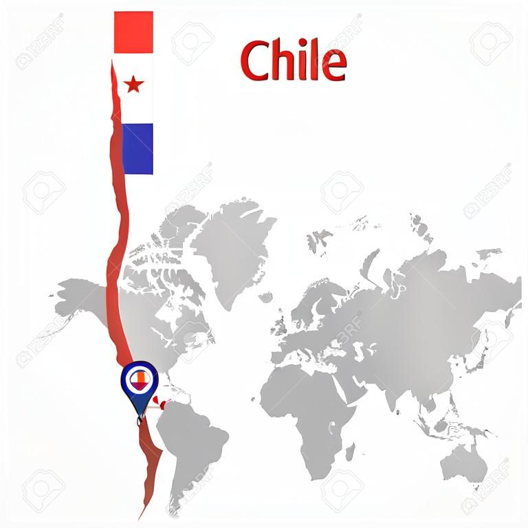 智利地圖上有一個國旗和地圖指針的世界地圖。矢量圖