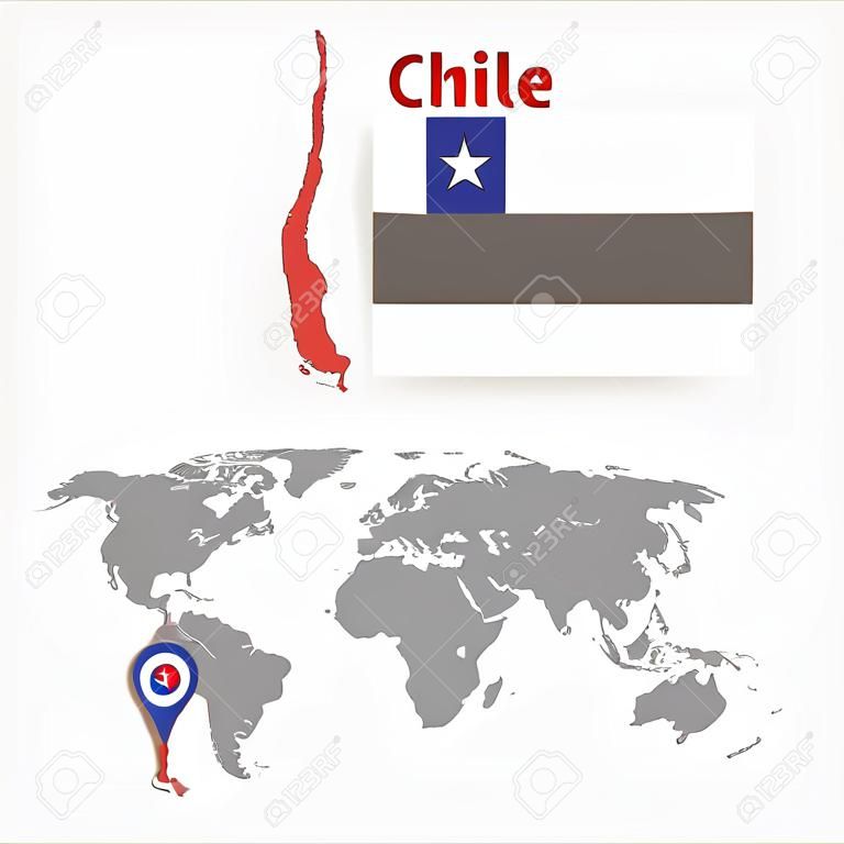 智利地圖上有一個國旗和地圖指針的世界地圖。矢量圖