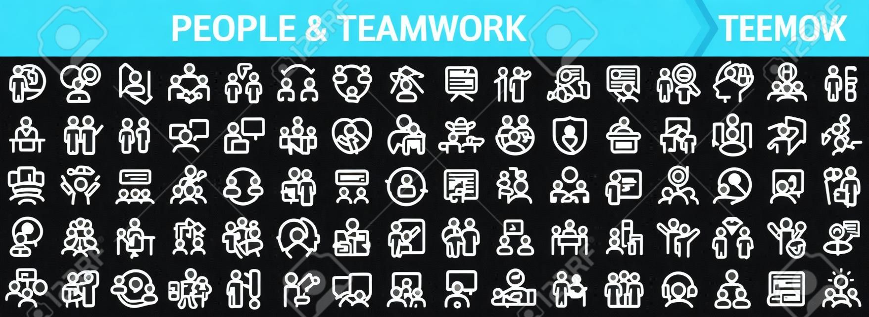 Menschen und teamwork lineare symbole in schwarz. große ui-ikonensammlung in einem flachen design. packung mit dünnen umrissschildern. große reihe von symbolen für das design