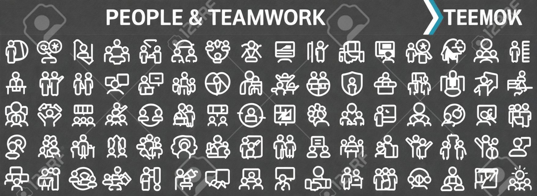 Menschen und teamwork lineare symbole in schwarz. große ui-ikonensammlung in einem flachen design. packung mit dünnen umrissschildern. große reihe von symbolen für das design