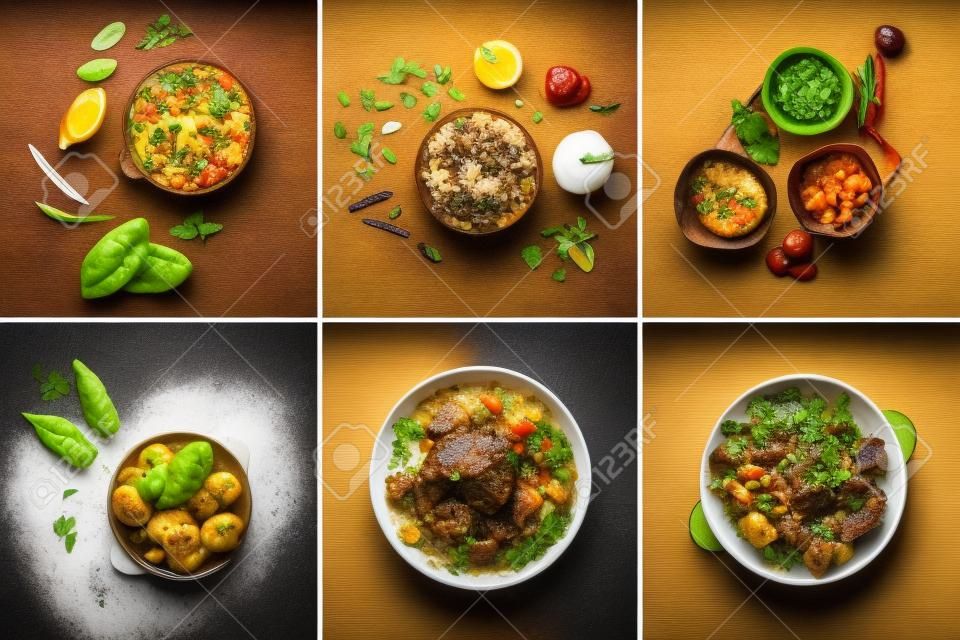 Collage with different meat dishes of the world cuisine.