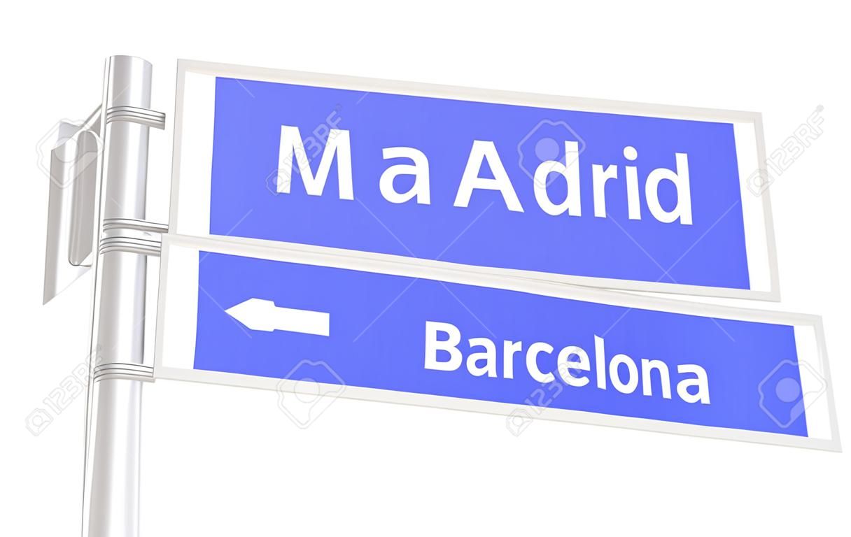 three-dimensional illustration of a road sign with directions: Madrid; Barcelona