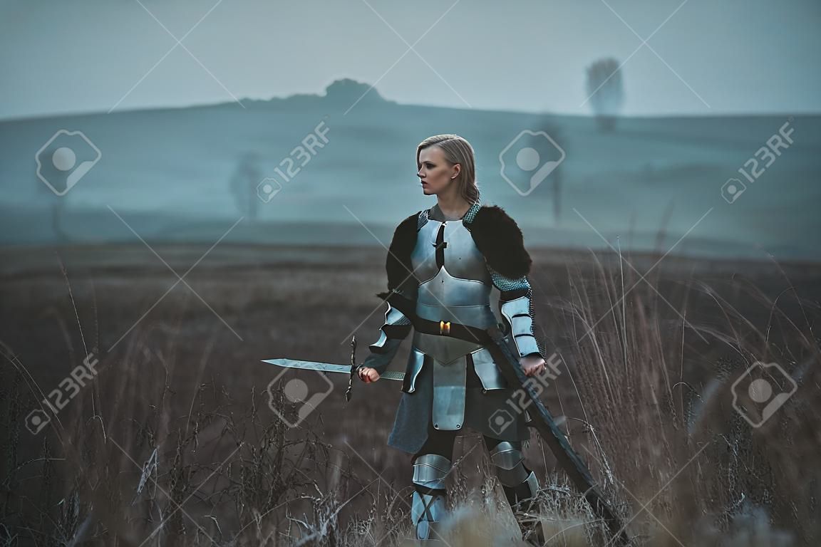 Ragazza nell'immagine del guerriero in armatura e con la spada in mano si trova sul prato nel mezzo di erba secca.