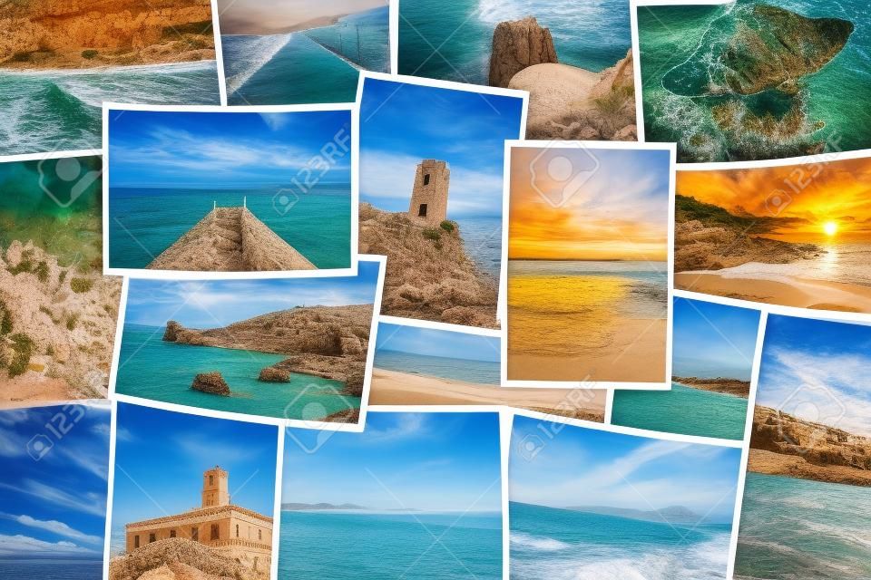 Collage of seaside travel photos - South Sardinia holiday photo scattered