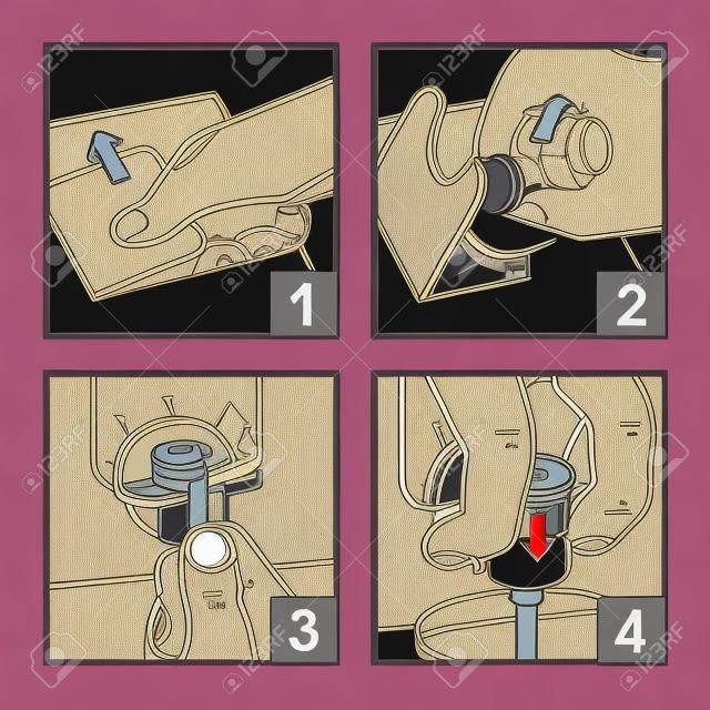 Visual instructions on opening the packaging of wine and installing the valve