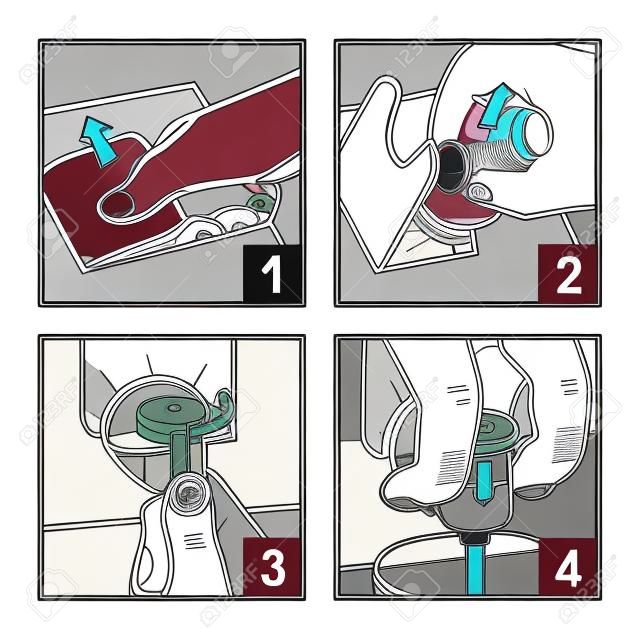 Visual instructions on opening the packaging of wine and installing the valve