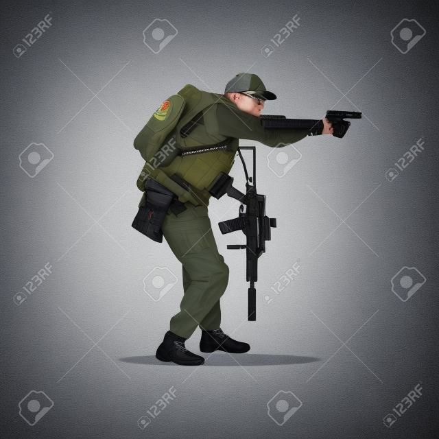 The shooter is moving with a gun. Isolated on a white background