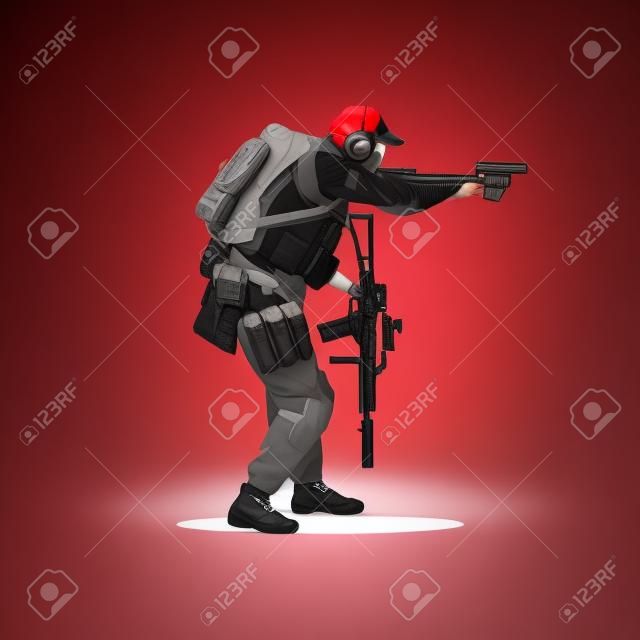 The shooter is moving with a gun. Isolated on a white background