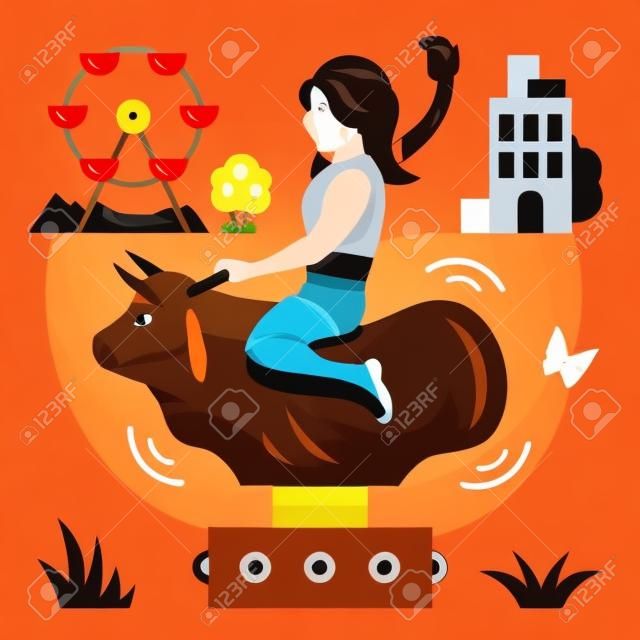 Vector bull ride. Rodeo simulator. Cartoon illustration.