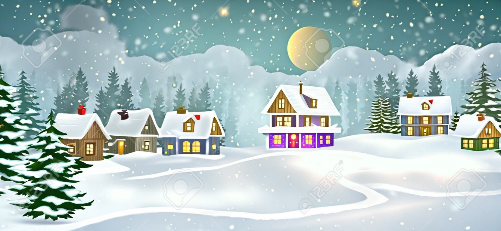 Paesaggio del villaggio invernale con pineta. Piccole case da favola coperte di neve.