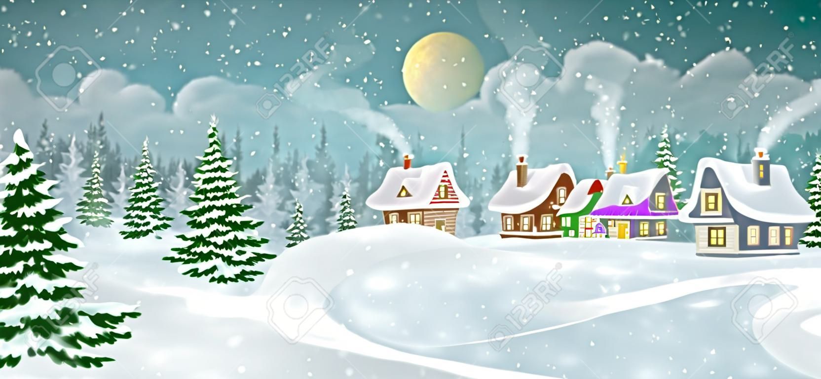 Téli falu táj fenyves erdővel. Kis mesebeli házak hóval borítva.