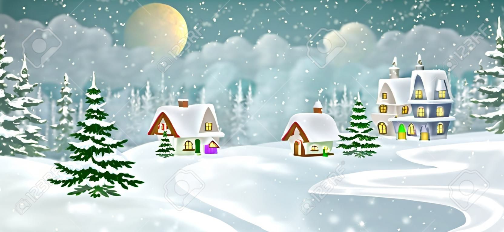Téli falu táj fenyves erdővel. Kis mesebeli házak hóval borítva.