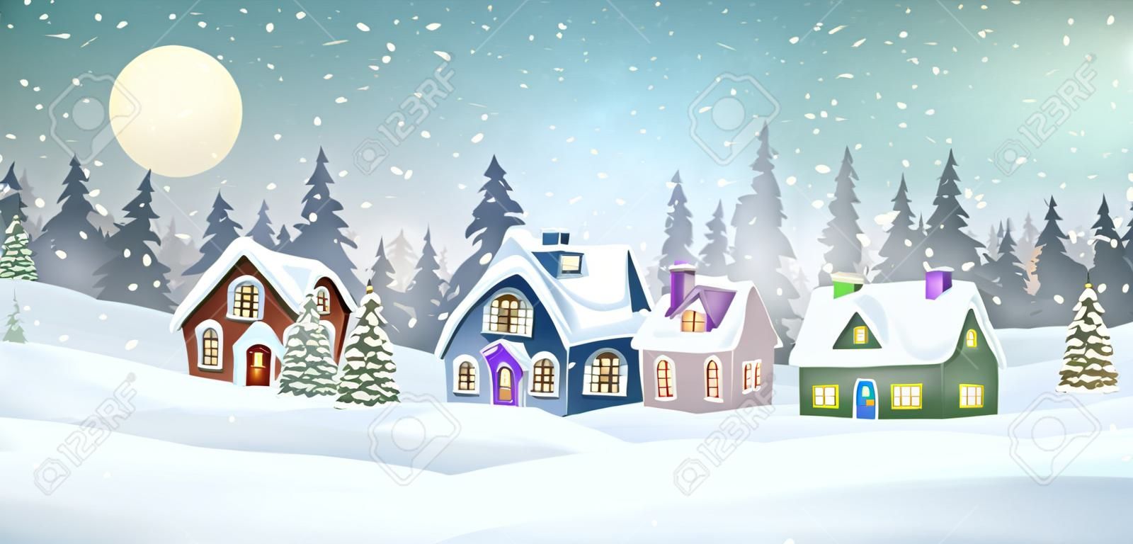 Winter village landscape with snow covered houses in pine forest. Christmas holidays vector illustration