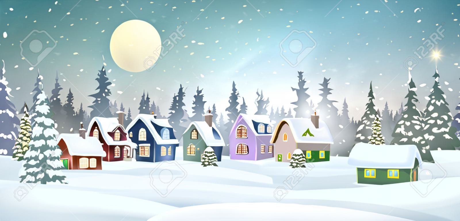 Winterdorflandschaft mit schneebedeckten Häusern im Pinienwald. Weihnachtsferien-Vektor-Illustration