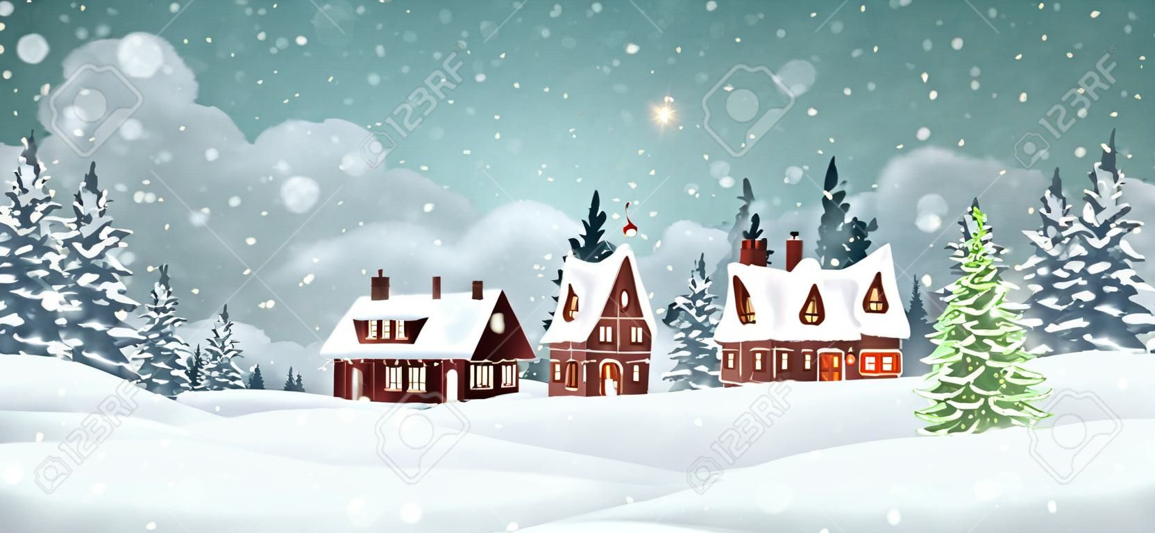Christmas village houses with winter pine forest. Christmas holidays vector illustration