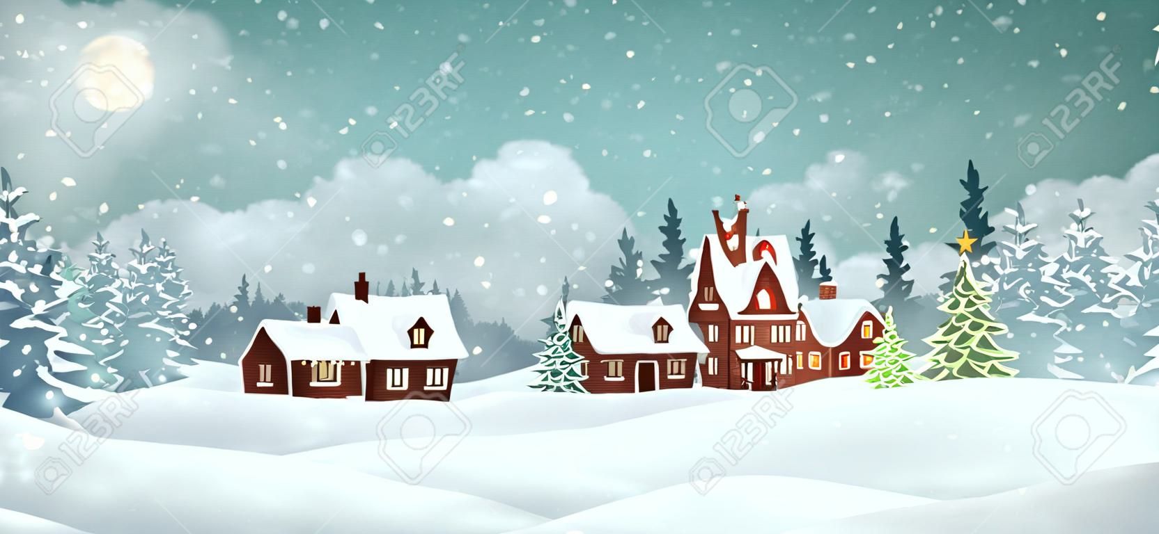 Casas de pueblo de Navidad con bosque de pinos de invierno. Ilustración de vector de vacaciones de Navidad