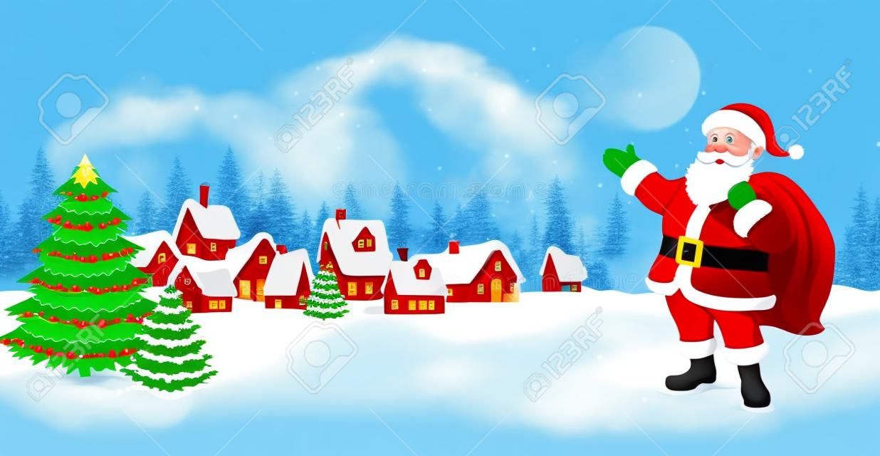 Papá Noel con regalos de Navidad cerca de un árbol de Navidad en el fondo de un pueblo con casas cubiertas de nieve. Ilustración de vector de escena de Navidad de invierno