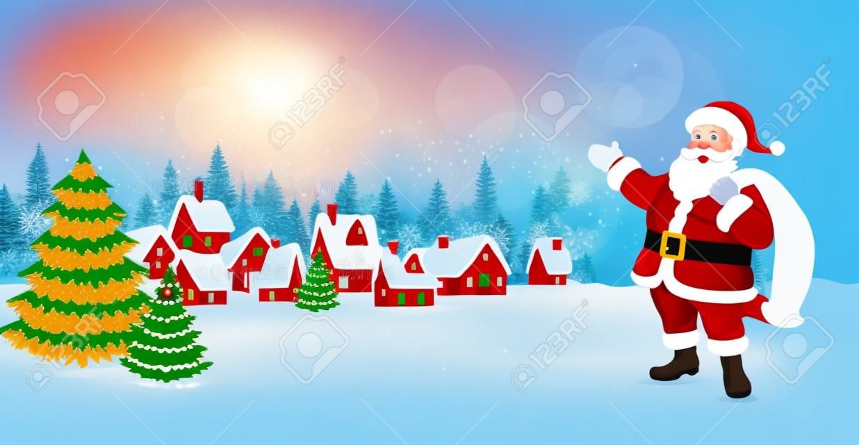 Papá Noel con regalos de Navidad cerca de un árbol de Navidad en el fondo de un pueblo con casas cubiertas de nieve. Ilustración de vector de escena de Navidad de invierno