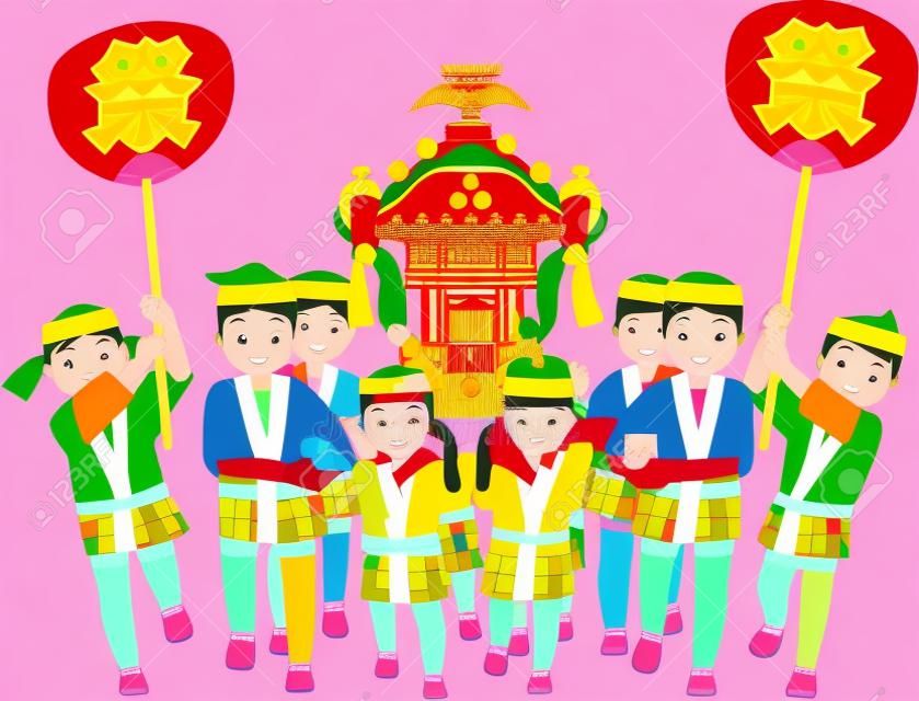 子供の神社。日本祭り。ベクトル材料。