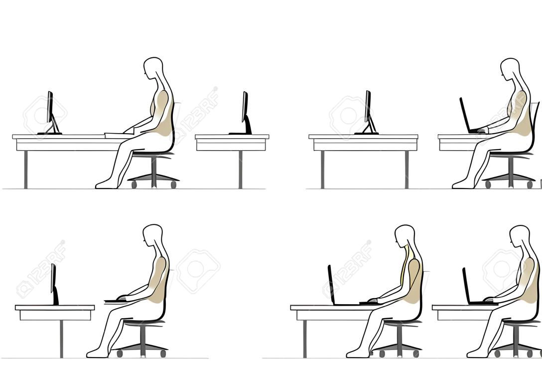 Les humains s'assoient et travaillent sur l'ordinateur. Posture et colonne vertébrale.