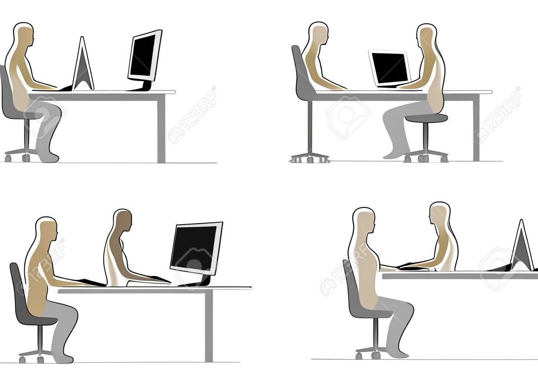 Les humains s'assoient et travaillent sur l'ordinateur. Posture et colonne vertébrale.
