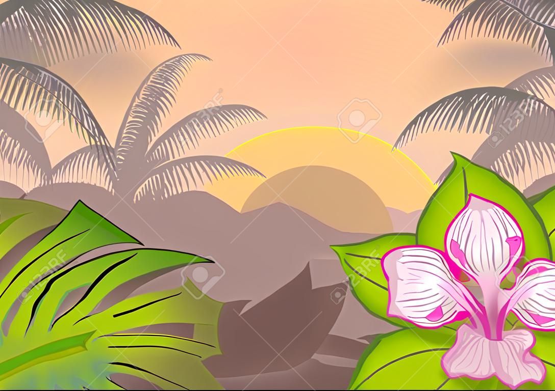 Hintergrund mit tropischen Pflanzen und Bäumen Morgen Dschungel Regenwald
