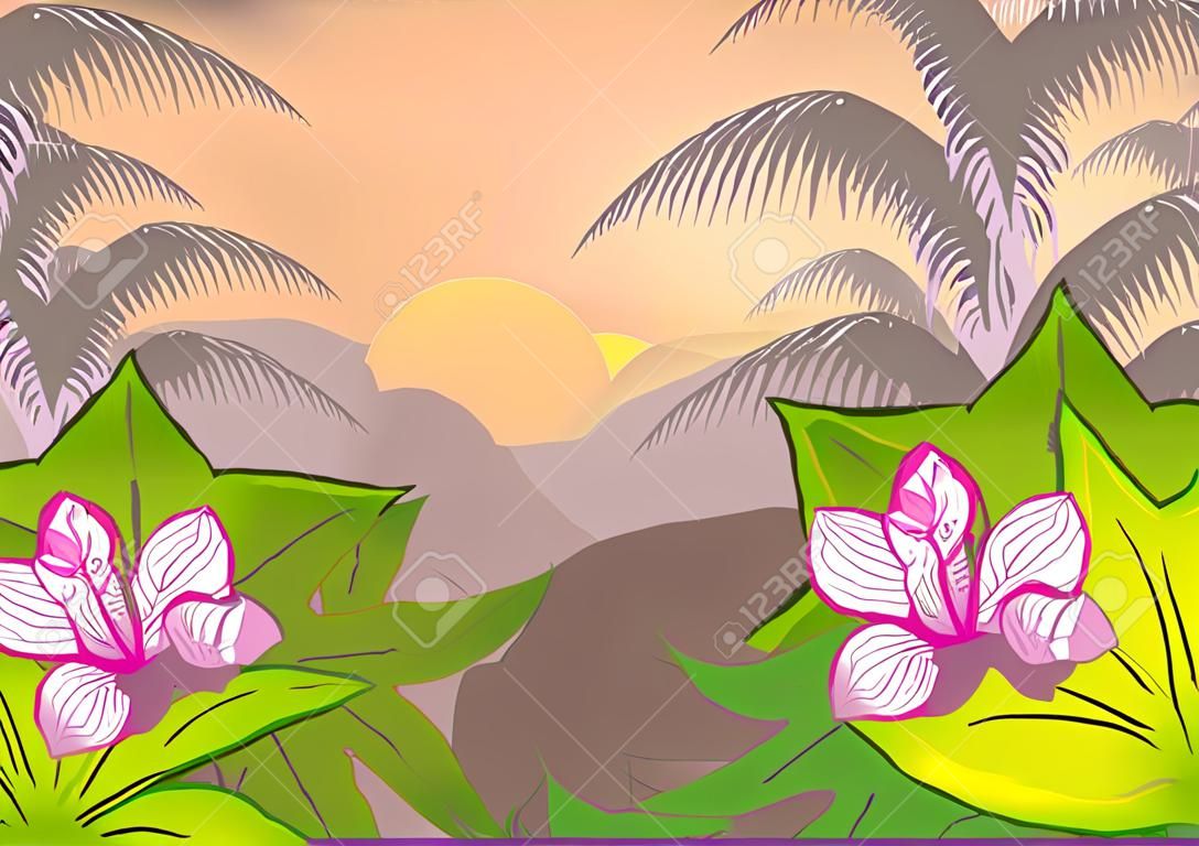 Hintergrund mit tropischen Pflanzen und Bäumen Morgen Dschungel Regenwald