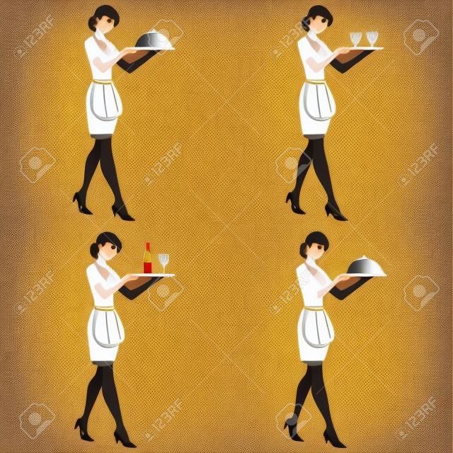 Młoda kelnerka zestaw czterech ilustracji