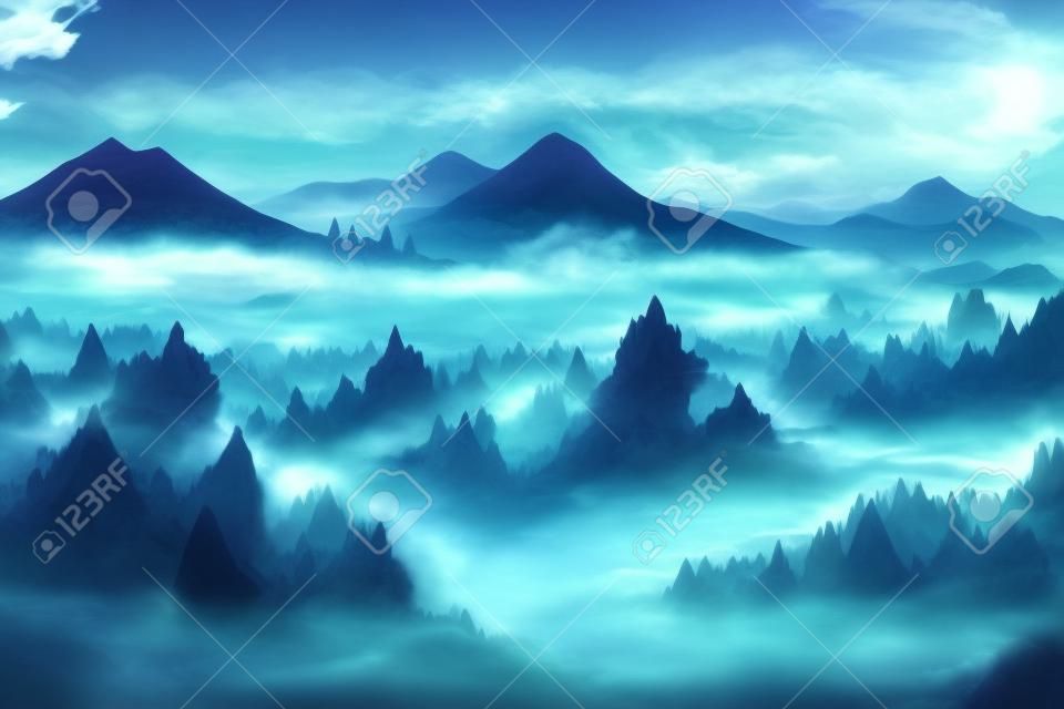 Fantasy ilustracja krajobraz anime z górami i niebem, ścieżka w lesie, koncepcja