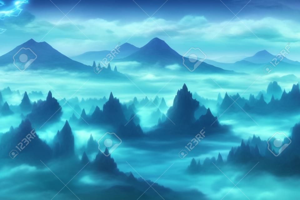 Ilustración de paisaje de anime de fantasía con montañas y cielo, un camino en el bosque, concepto